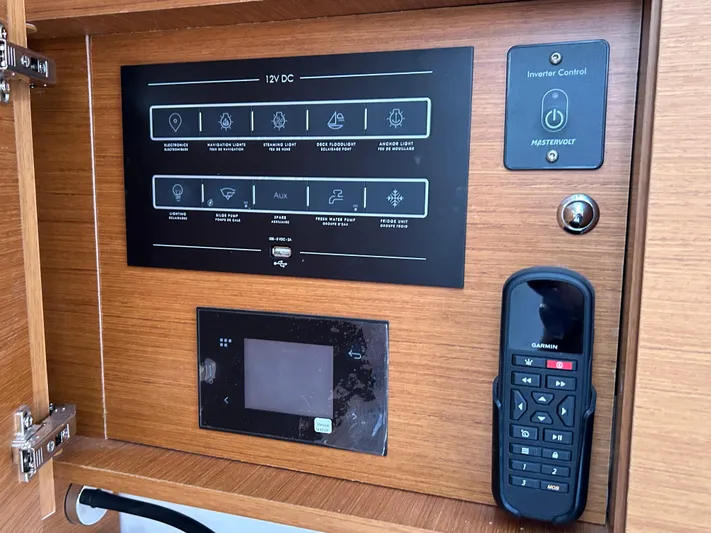  Yacht Photos Pics Control panel of 2023 Beneteau First 44 yacht with navigation and inverter controls.