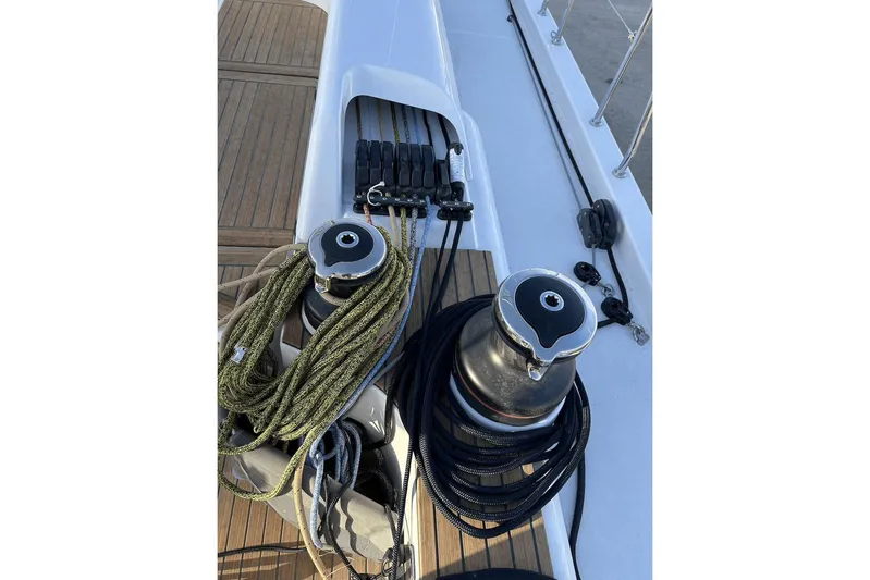  Yacht Photos Pics Deck of 2024 Beneteau First 44 sailboat with winches and ropes.