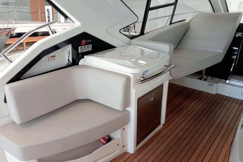  Yacht Photos Pics 2025 Cranchi M44HT yacht interior with sleek seating and modern design.