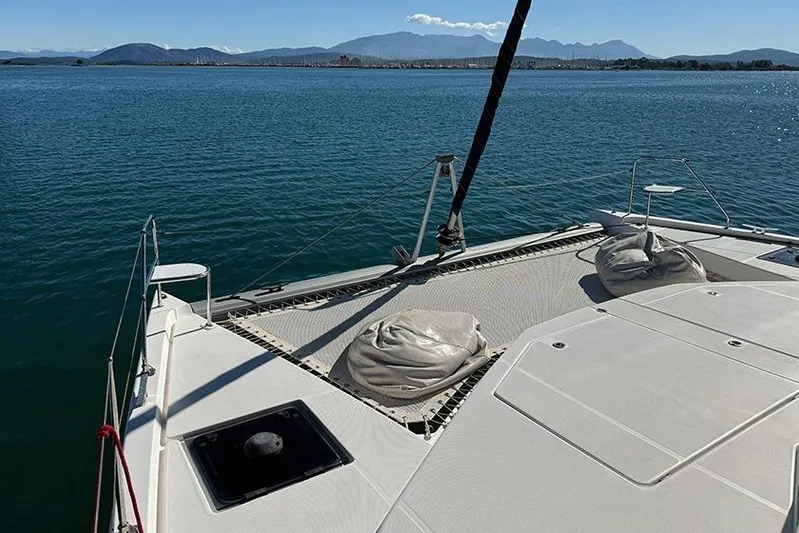  Yacht Photos Pics 2017 Leopard 48 yacht deck with scenic ocean and mountain view.