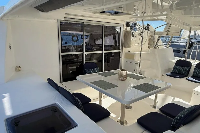  Yacht Photos Pics Luxurious 2017 Leopard 48 yacht interior with dining area and seating.