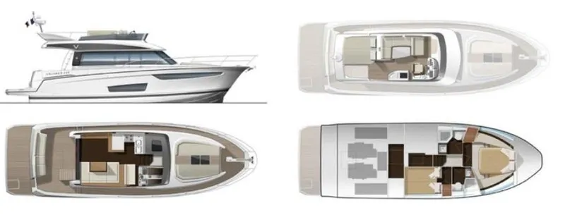 Tortuga Yacht Photos Pics 2017 Jeanneau Velasco 43F yacht layout with side and top views, showcasing interior design.