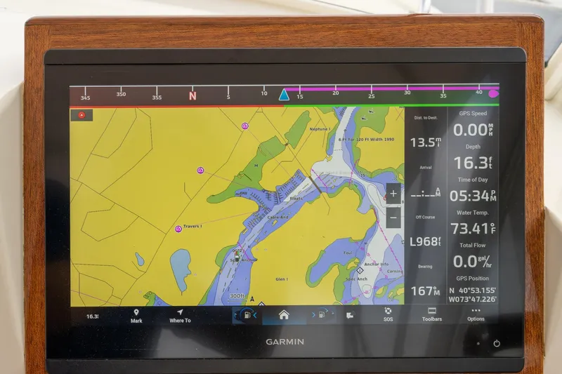Marcy Yacht Photos Pics Garmin navigation display on 2021 Brooklin Boat Yard 32 Express, showing detailed nautical map.