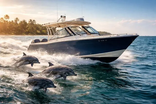  Yacht Photos Pics 2016 Grady-White Freedom 307 boat cruising with dolphins near tropical island.