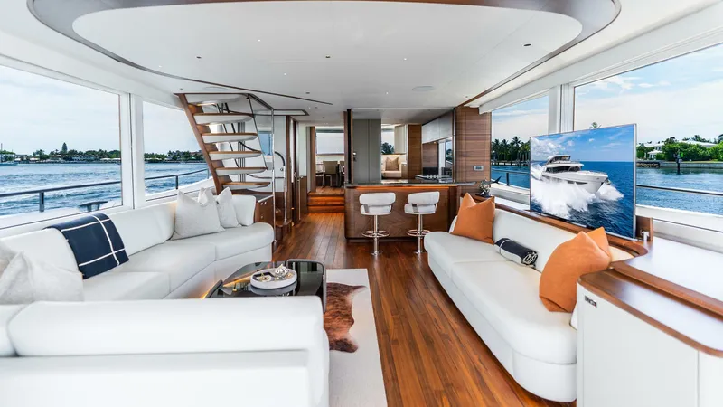 Cosa Bella Yacht Photos Pics Luxurious 2024 Princess X80 yacht interior with modern design, spacious seating, and scenic views.