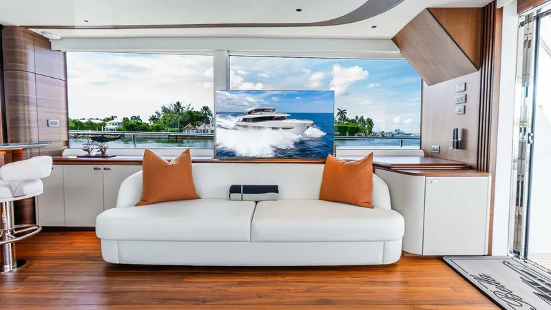 Cosa Bella Yacht Photos Pics Luxurious interior of 2024 Princess X80 yacht with elegant seating and scenic views.