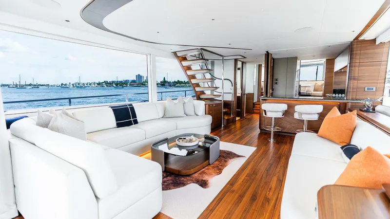 Cosa Bella Yacht Photos Pics Luxurious interior of 2024 Princess X80 yacht with elegant seating and modern design.