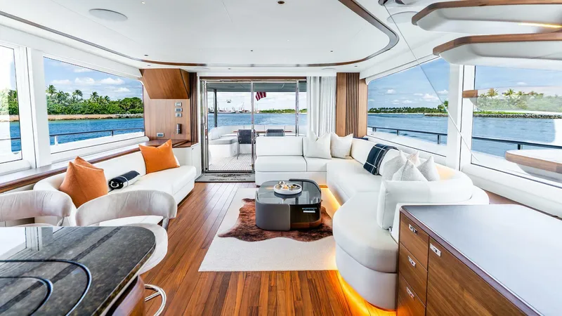 Cosa Bella Yacht Photos Pics Luxurious 2024 Princess X80 yacht interior with elegant seating and panoramic ocean views.