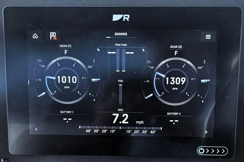 Keep The Faith Yacht Photos Pics Digital dashboard of a 2005 Sea Ray 340 Sundancer showing engine RPM and speed.