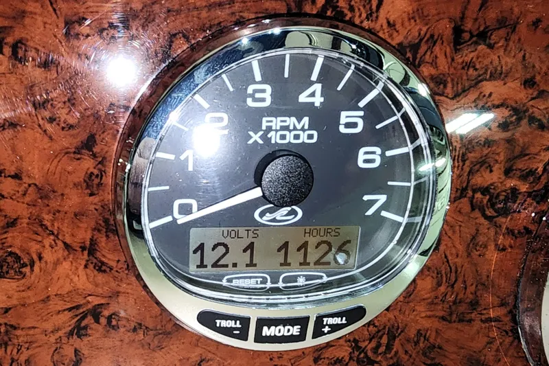 Keep The Faith Yacht Photos Pics Tachometer of 2005 Sea Ray 340 Sundancer showing 1126 hours and 12.1 volts.