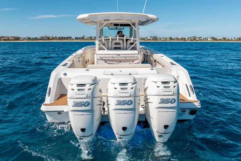  Yacht Photos Pics 2019 Boston Whaler 380 Outrage with triple 350 engines on open water.
