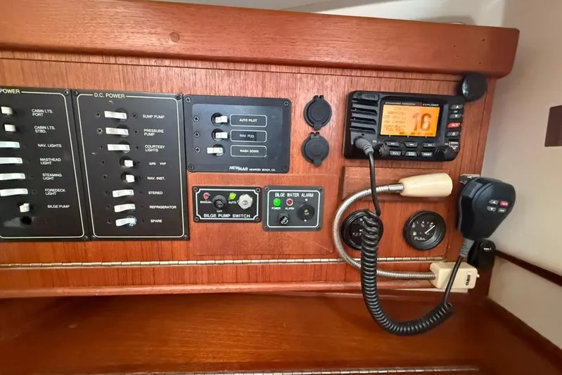  Yacht Photos Pics Control panel of a 1998 Tartan 3500 yacht with radio and switches.