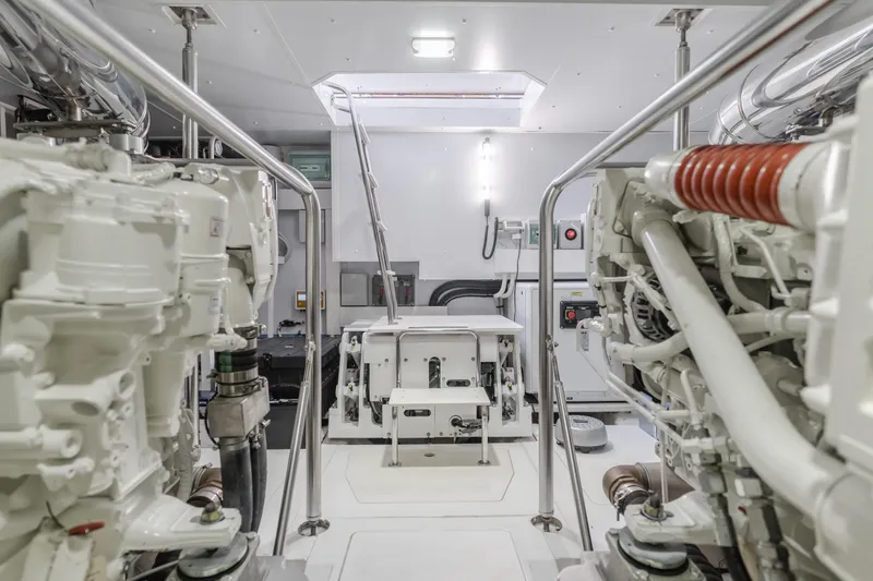 66 Magellano Yacht Photos Pics Engine room of 2023 Azimut Magellano 66 yacht, featuring advanced machinery and equipment.