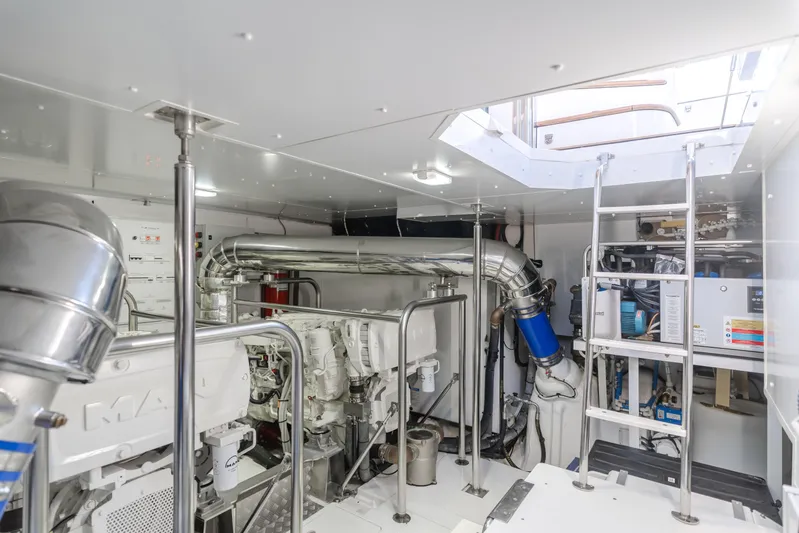 66 Magellano Yacht Photos Pics Engine room of 2023 Azimut Magellano 66 yacht, featuring advanced machinery and equipment.