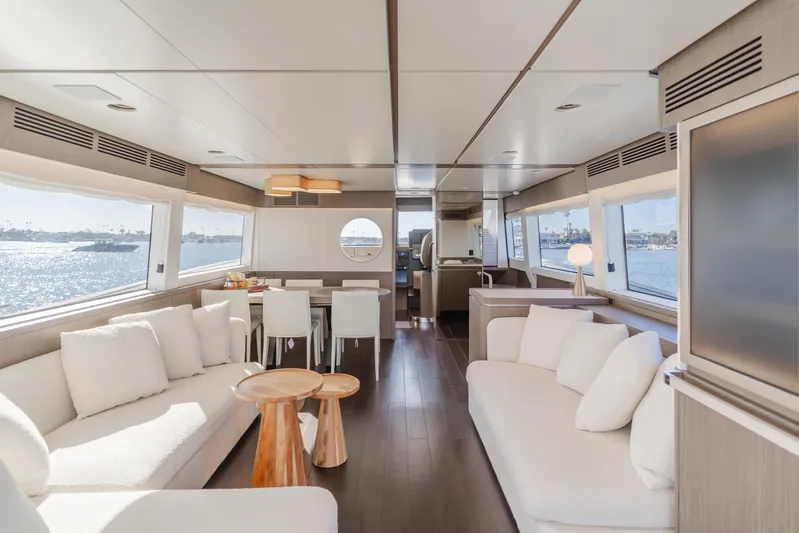 66 Magellano Yacht Photos Pics Luxurious interior of 2023 Azimut Magellano 66 yacht with elegant seating and ocean views.