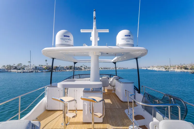 66 Magellano Yacht Photos Pics Azimut Magellano 66 yacht deck, 2023 model, with ocean view and clear blue sky.