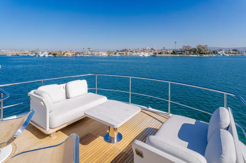 66 Magellano Yacht Photos Pics Luxurious 2023 Azimut Magellano 66 yacht deck with elegant seating, overlooking serene blue waters.