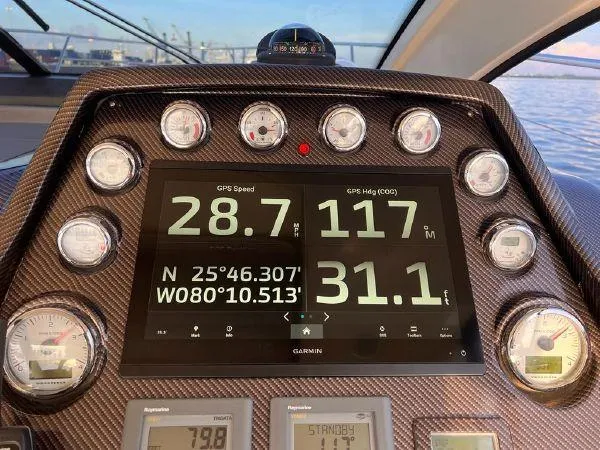  Yacht Photos Pics Dashboard of 2012 Azimut Atlantis 43 yacht with GPS and gauges.