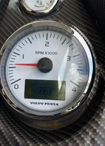  Yacht Photos Pics Volvo Penta tachometer on Azimut Atlantis 43, 2012 model, showing 767 engine hours.