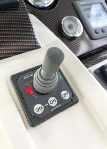  Yacht Photos Pics Control panel of a 2012 Azimut Atlantis 43 yacht with joystick and gauges.