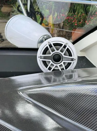  Yacht Photos Pics Azimut Atlantis 43 yacht interior with speaker, 2012 model, featuring sleek design elements.