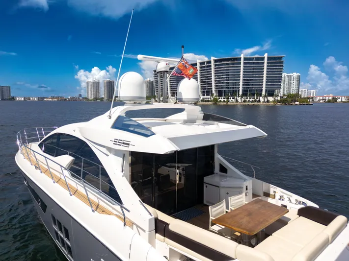 Ey IV Yacht Photos Pics 2016 Azimut 55S yacht on water with modern buildings in the background.