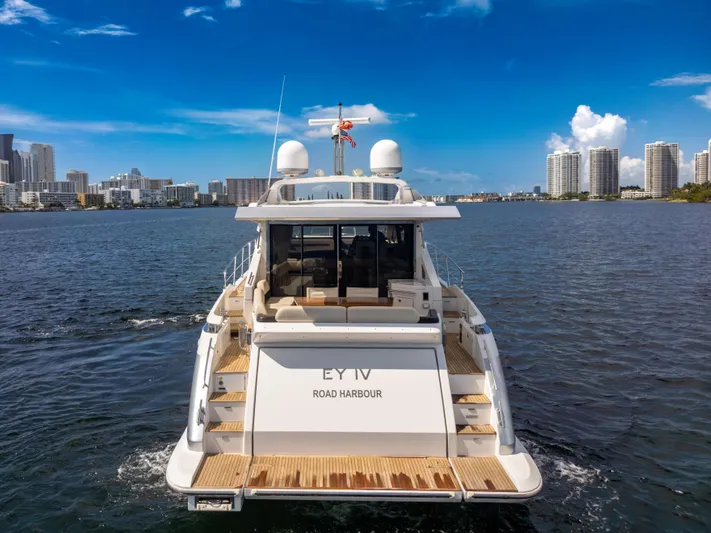 Ey IV Yacht Photos Pics 2016 Azimut 55S yacht cruising near city skyline under clear blue sky.