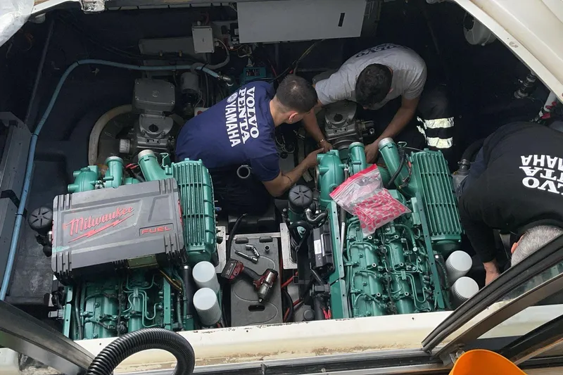  Yacht Photos Pics Engine maintenance on a 2016 Cranchi Atlantique 43 yacht with Volvo Penta engines.