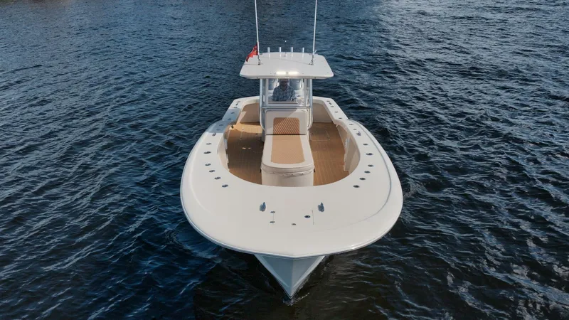 Seabae Yacht Photos Pics 2019 Custom Carolina 30 Open boat on water, aerial view.