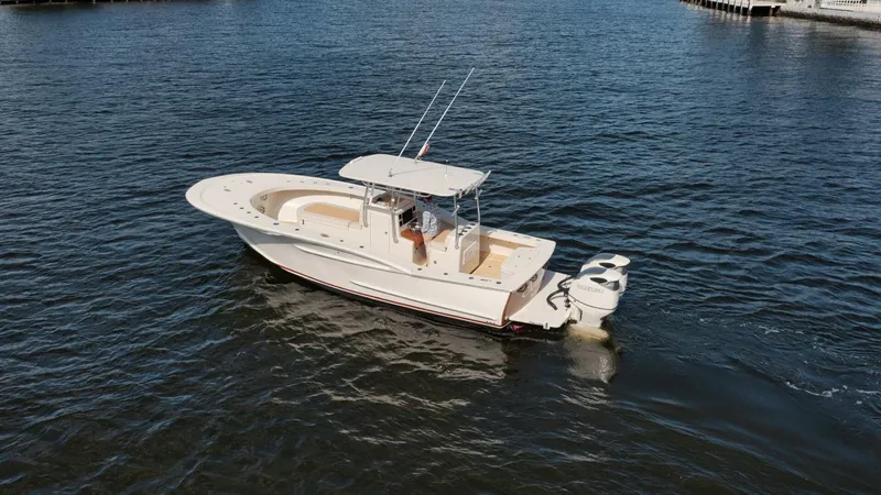 Seabae Yacht Photos Pics 2019 Custom Carolina 30 Open boat on calm water, aerial view.