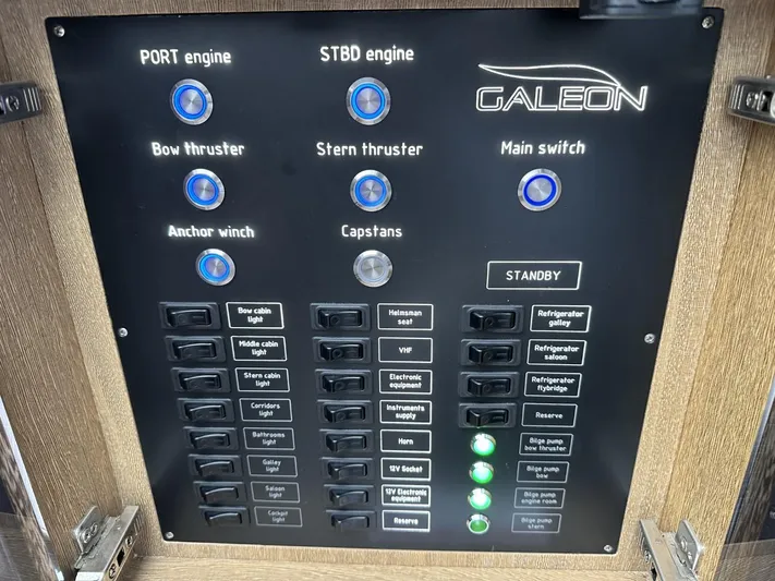  Yacht Photos Pics Control panel of 2019 Galeon 650 Sky yacht with engine and thruster switches.