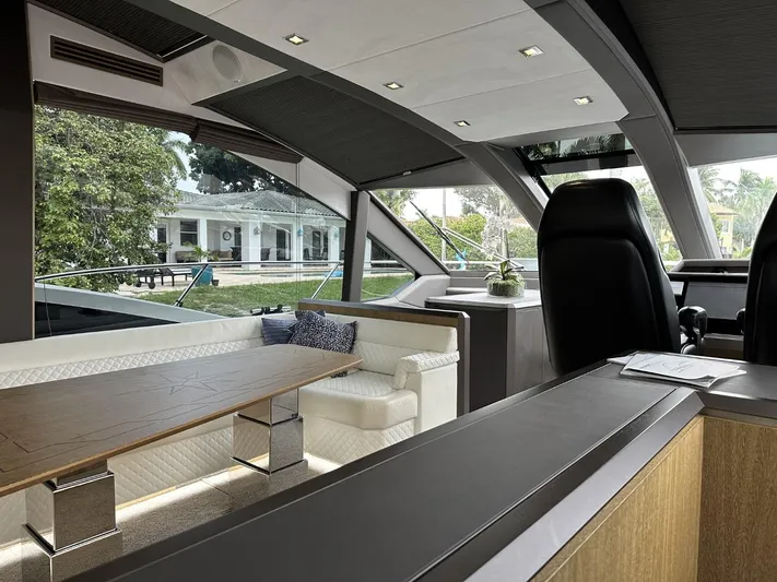  Yacht Photos Pics Luxurious interior of 2019 Galeon 650 Sky yacht with modern seating and large windows.