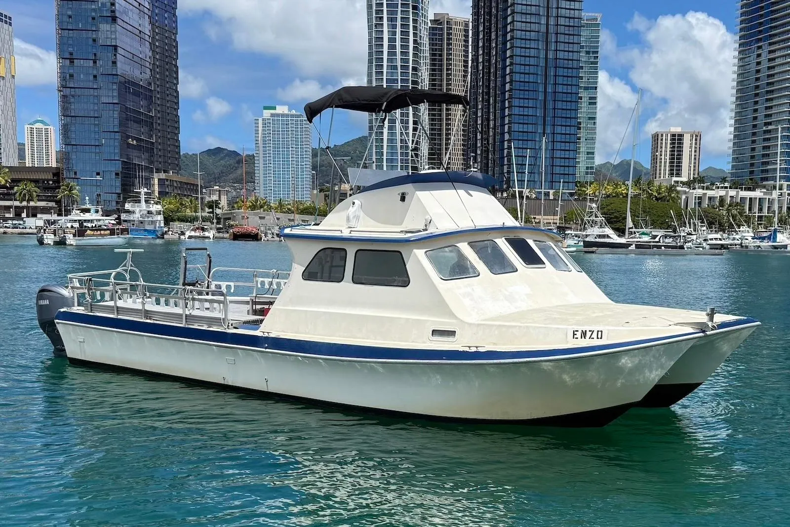 2001 Force Power Cat boat docked in urban marina with skyscrapers in background.