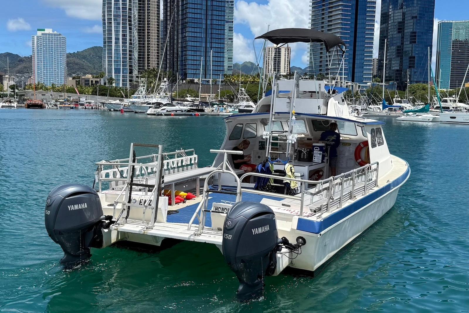 2001 Force Power Cat boat with Yamaha engines docked in a marina, city skyline in background.