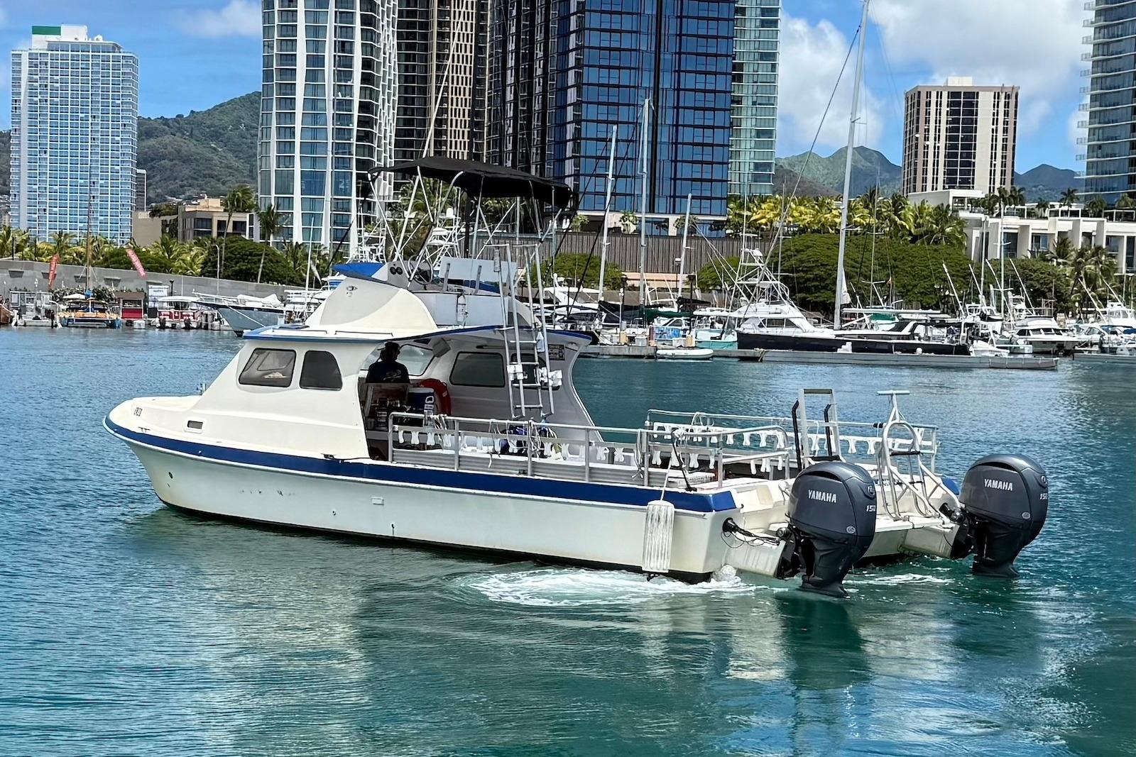2001 Force Power Cat boat cruising in a marina with city skyline backdrop.