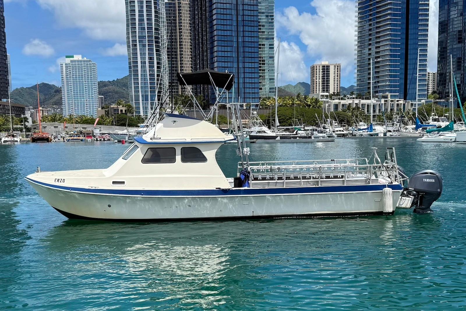 2001 Force Power Cat boat docked in urban marina with skyscrapers in background.