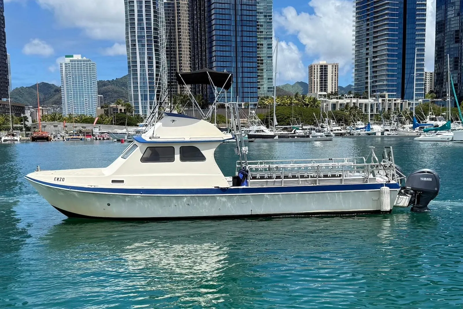 2001 Force Power Cat boat docked in urban marina with skyscrapers in background.