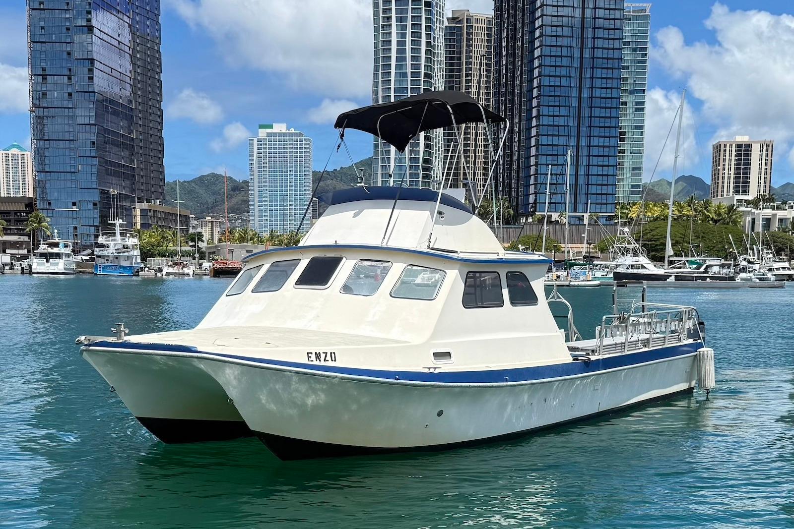 2001 Force Power Cat boat docked in urban marina with skyscrapers in background.