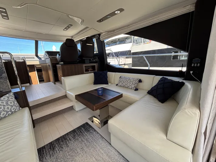 Skye Yacht Photos Pics Luxurious interior of 2019 Azimut Fly 50 yacht with elegant seating and modern design.