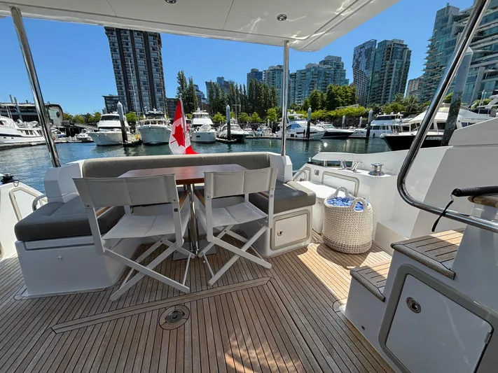 Skye Yacht Photos Pics 2019 Azimut Fly 50 yacht deck with seating, table, and Canadian flag in marina.