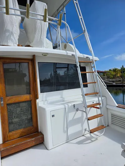 Bad To The Bone Yacht Photos Pics 1995 Egg Harbor Golden Egg 42 yacht with wooden door and metal ladder, docked under clear sky.
