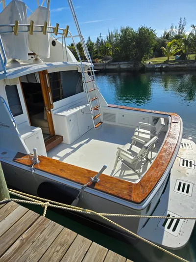 Bad To The Bone Yacht Photos Pics 1995 Egg Harbor Golden Egg 42 yacht docked by a serene waterway.