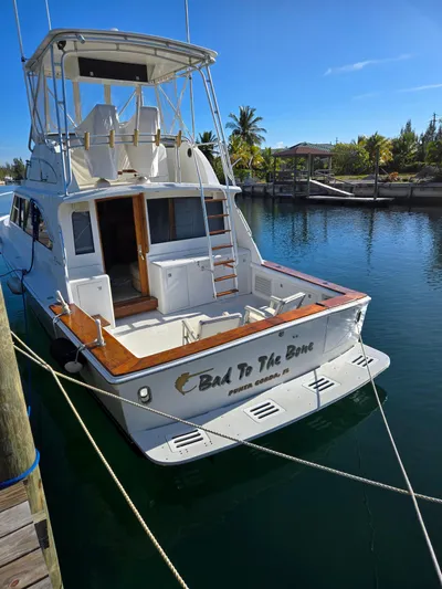 Bad To The Bone Yacht Photos Pics 1995 Egg Harbor Golden Egg 42 yacht docked, named "Bad To The Bone," in a sunny marina.