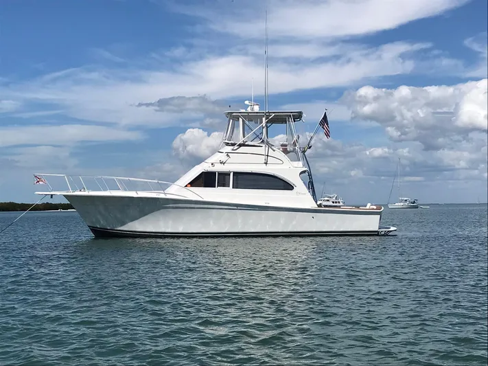 Bad To The Bone Yacht Photos Pics 1995 Egg Harbor Golden Egg 42 yacht on calm water under blue sky.
