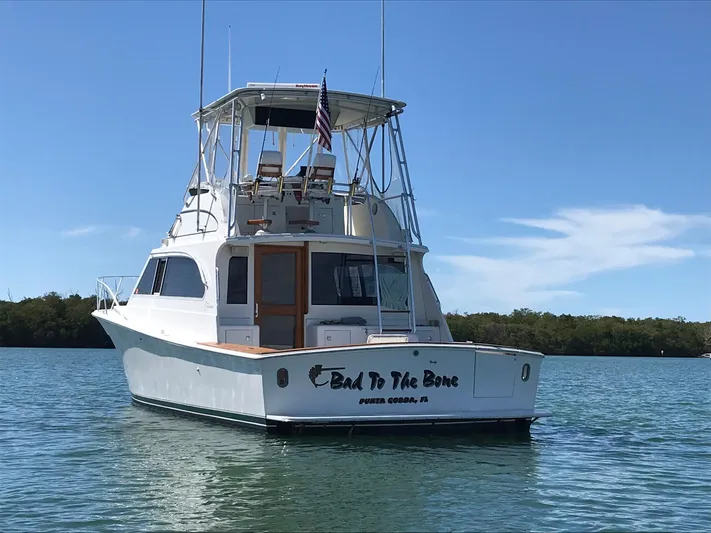 Bad To The Bone Yacht Photos Pics 1995 Egg Harbor Golden Egg 42 yacht on calm water, clear sky background.