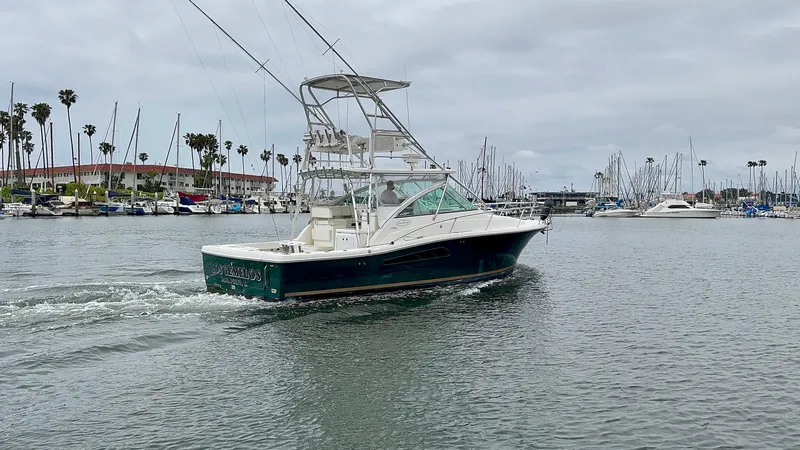 Los Gemelos Yacht Photos Pics 2006 Rampage 33 Express Barta Canyon Edition boat cruising in a marina with palm trees.