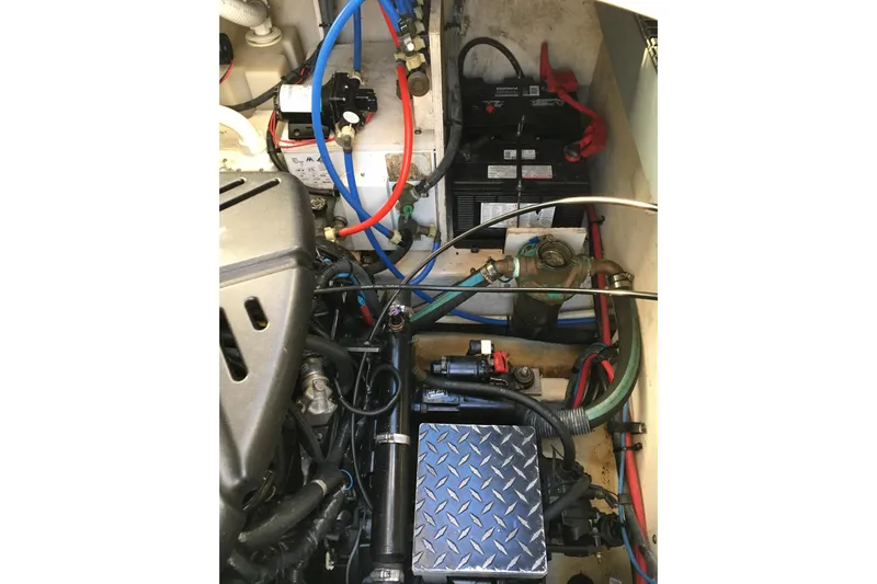  Yacht Photos Pics Engine compartment of 2007 Sea Ray 340 Sundancer with visible wiring and components.