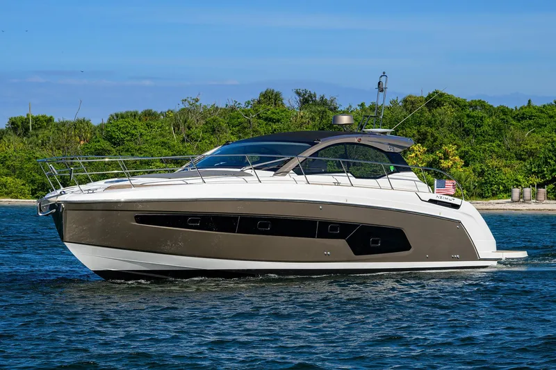Chloe Yacht Photos Pics 2020 Azimut 45 Atlantis yacht cruising on a scenic waterway.