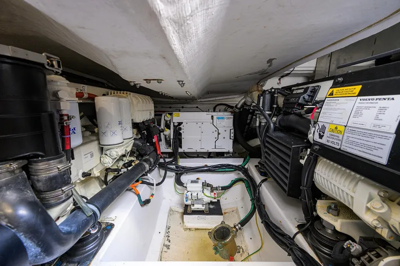 Chloe Yacht Photos Pics Engine room of 2020 Azimut 45 Atlantis yacht, featuring Volvo Penta components and wiring.