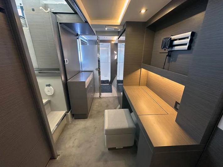 Hamlet Yacht Photos Pics Modern interior of 2023 Leopard Powercat yacht with sleek design and ambient lighting.